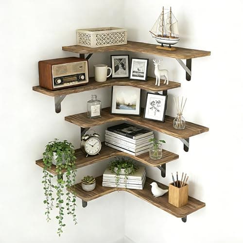 ZOESEEK Corner Floating Shelves, Set of 5 L-Shape Wood Wall Mounted Shelves for Bathroom Kitchen Bedroom Living Room Laundry Room Home Decor, Wood Corner Shelves Rustic Brown - Image 1
