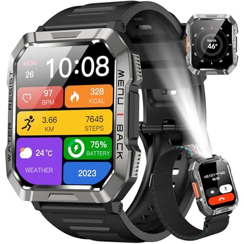 Military Smart Watch for Men(Answer/Make Call), Outdoor Sports Smartwatch with Flashlight/100 Days Battery/Compass/Heart Rate/SpO2/Sleep Monitor/2 Straps, Fitness Tracker for iPhone/Android Phones - Image 1