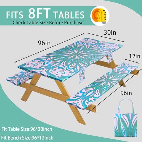 memKiya Fitted Waterproof Picnic Table Cover with Bench Covers Elastic Polyester 96in Camping Tablecloths for 8Foot Rectangle Tables Summer Fall Glamping Roadtrip Stuff Festival Vacation Items Gift - Thumbnail 2