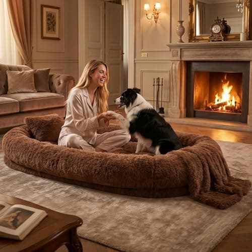Human Dog Bed, Oversized Plush Lounger Bed with Plump Pillow and Blanket, 71" x 45" x 12" Long Plush Polyester Floor Nest for Relaxing, Napping, Reading, and Family Cuddle Time - Dark Brown