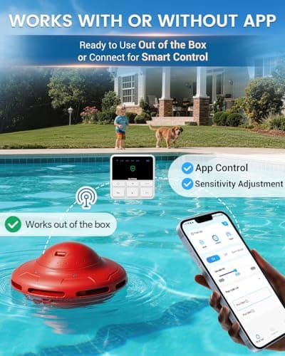 Smart Pool Alarm with App for Inground & Above Ground Pools, Adjustable Sensitivity Water Detection Alarm up to 20x40ft, 85dB+ Safety Alerts for Kids, Pets & Accidental Entry(Red) - Thumbnail 2