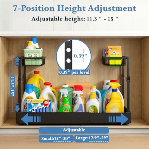 Aisslro Under Sink Organizer, 2 Tier Under the Sink Storage, Expandable Adjustable Slide Out Pull Out Under Cabinet Organizers Shelf, for Kitchen Bathroom Pantry Closet Organization, Black - Thumbnail 4