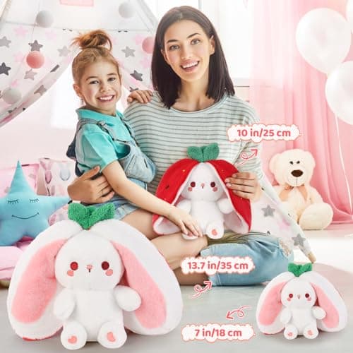 Emoin Soft Reversible Bunny Stuffed Animal, 10-Inch Cute Strawberry-to-Bunny Transformed Plush Toy with Zipper, Easter Strawberry Bunny Plush for Kids Adults Birthday & Sweet Valentine’s Day Gifts - Thumbnail 4