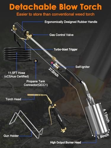 Propane Torch Weed Burner and Soldering Torche Kit, Solid Brass Brazing Torch,High Output with Long/Short Mode,11.5FT Hose Heavy Duty Blow Torch Flamethrower with Self Igniter and Turbo Trigger - Thumbnail 4