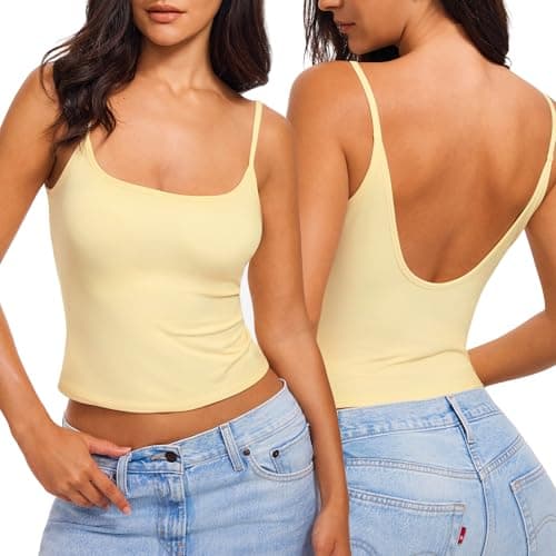 SuperArugoo Women’s Open Back Crop Tank Top Spaghetti Strap Square Neck Cami Y2K Going Out Summer Tops Light Yellow - Image 1