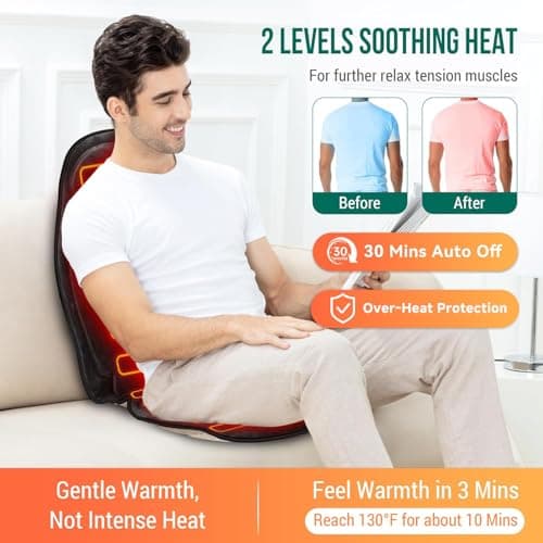 Snailax Vibration Back Massager with Heat, Massage Seat Cushion with 6 Vibrating Motors and 2 Heat Levels, Massage Chair Pad for Home Office use, Gifts for Him Her - Thumbnail 4
