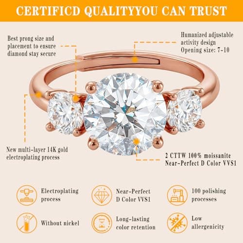 2 Carat Moissanite Engagement Ring for Women, 3-Stone D Color VVS1 Clarity Moissanite Wedding Ring, 14K Rose Gold Plated Adjustable Promise Ring, Hypoallergenic Anniversary Bridal Ring with Gift Box (36Rose Gold SIZE 4–7) - Thumbnail 2