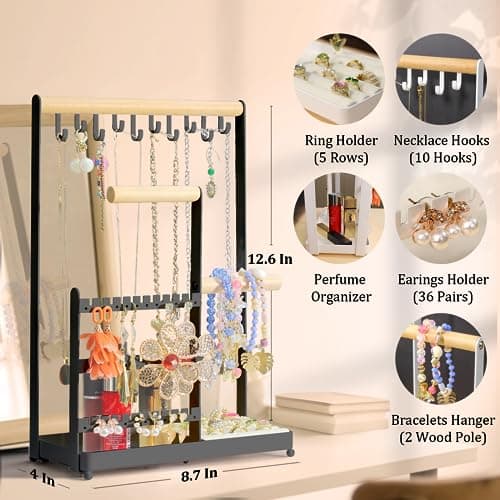 coobest Jewelry Organizer, Jewelry Holder Organizer w/36 Earring Organizer and 10 Necklace Holder, Velvet Ring Holder & Jewelry Dish,Jewelry Display Stand for Room Decor, Mother‘s Day Gifts for Mom - Thumbnail 5