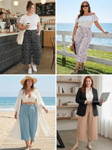 AusLook Plus Size Capri Wide Leg Pants for Women with Pockets High Waisted Elastic Drawstring Summer Casual Flowy Boho Vacation Beach Cropped Black White Flowers 5X Trousers - Thumbnail 6
