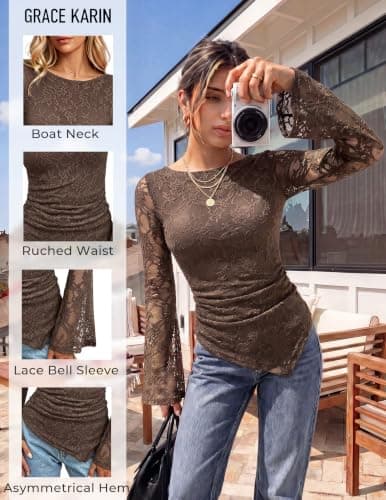 GRACE KARIN Womens Lace Top Sheer Bell Long Sleeve Ruched Asymmetrical Boho Western Clothes Fitted Mesh Peplum Tops Flowy, Coffee Rose, X-Large - Thumbnail 4