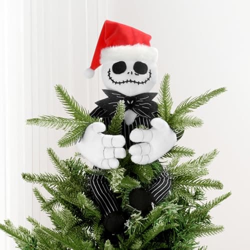 Tree Topper Decorations for Halloween and Christmas, Cute Plush Jack Huggers with Santa Hat, Poseable Handmade Tree Topper Party Decor - Image 1