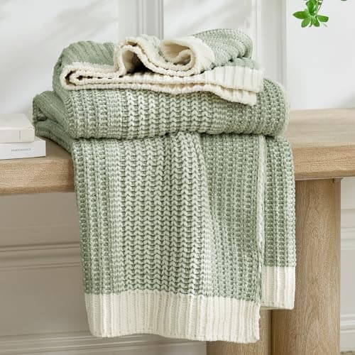 Amélie Home Premium Chenille Throw Blanket, Soft Cozy Luxury Two-Tone Knit Blanket for Couch, Sofa, Chair, Home Decor, Sage Green & Ivory 50"x60"