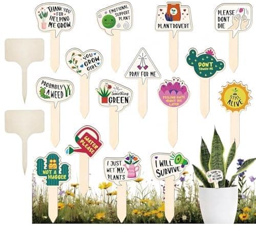 JIAANNING Plant Labels for Outdoor Garden Waterproof, 17 Pack T-Type Garden Markers Sign, Funny Wooden Plant Labels for Seedling Potted Herbs Flowers Vegetables, Plant Identification Stakes (Funny) - Image 1