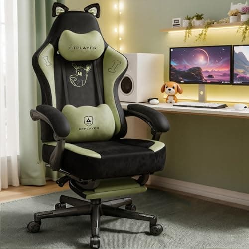 GTPOFFICE Cute Gaming Chair with Cat Ears, Ergonomic Computer Chair with Footrest Cat Paw Lumbar Support Comfortable Reclining Game Chair Desk Chair for Adult Teens, Soft Fabric, Green - Thumbnail 2