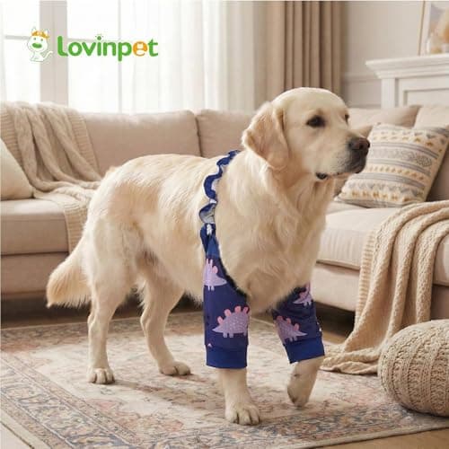 LovinPet Front Leg Sleeves for Medium and Large Dogs, 4-Way Stretch Elbow Protection, Anti-Lick Recovery, Warmth and Callus Prevention, Pair, Dinosaur Print, Pink Purple,XL - Thumbnail 6