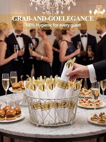 Supernal 240 Pcs Pre Rolled Napkins with Gold Plastic Silverware - 60 Sets Elegant Disposable Wrapped Cutlery: Heavy Duty Gold Forks, Knives, Spoons for Weddings, Parties, & Catering Events - Thumbnail 2