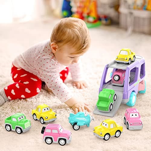 LASCOTON Toys for 1 2 3 Year Old Girl, 5-in-1 Carrier Truck for Toddler Girl, Friction Power Toy Cars with Light & Sound, Birthday Gifts, Pink - Thumbnail 6