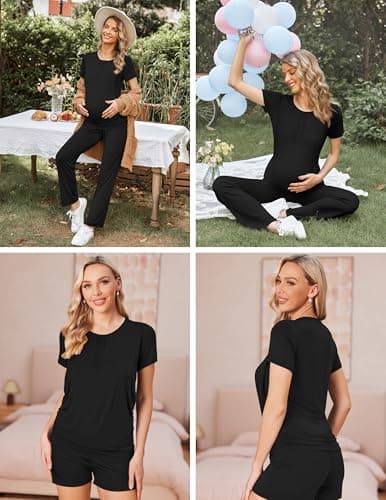 Ekouaer Nursing Pajamas Maternity Lounge Set Postpartum Outfits Breastfeeding Shirts Pregnancy Shorts & Pants Black L - Thumbnail 6
