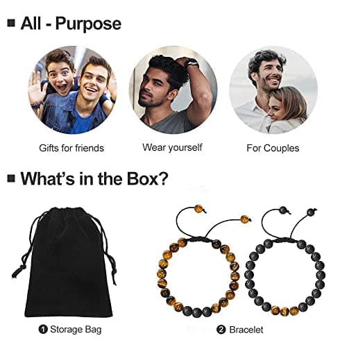 M MOOHAM Bracelets for Men - Beaded Natural Tiger Eye Bracelets for Men Black Lava Rock Stone Chakra Mens Anxiety Bracelet Adjustable Aromatherapy Oil Diffuser Jewelry Gifts - Thumbnail 4