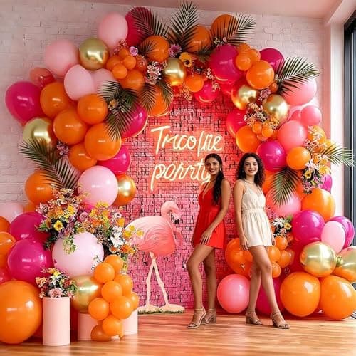Pink Orange Balloon Garland, Double Stuffed Hot Pink Dark Magenta Balloon Arch Kit Metallic Gold Latex Balloons for Mother's Day Birthday Wedding Baby Shower Tropical Party Decorations - Thumbnail 2