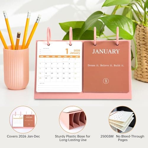 Bibiage 2026 Small Desk Calendar - Mini Flip Standing Desk Calendar with Motivational Quotes, Stable Plastic Base Desktop Calendar, Cute Desk Decor for Home Office School, Pink 10" x 6", Pink - Thumbnail 2
