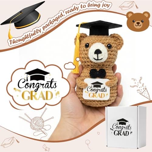 NIUBEHOHO Graduation Crochet Bear Graduation Gifts - Handmade Brown Bear with Congrats Grad Crad Graduation Box Mesh Bag for Him Her College Classmates Graduate You Did It Gift - Thumbnail 5