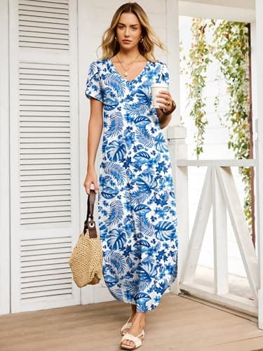 ANRABESS Womens Summer Maxi Dresses 2026 Casual Short Sleeve V Neck Loose Split Long Beach Sundress Travel Vacation Clothes Blue Leaf Printed Small - Thumbnail 2