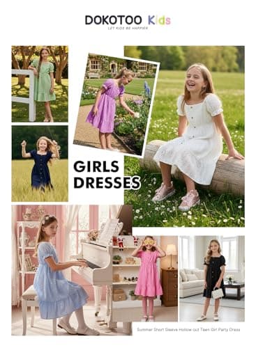 DOKOTOO KIDS Girls Dresses Summer Teen Girl Short Sleeve Party Dress Tween Junior A-line Cotton Cute Casual Eyelet Button Flowy Cute Tropical Beach Outfits Green Medium Size 6 7 Years Old - Thumbnail 5