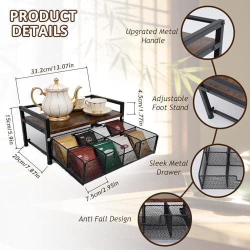 Tea Bag Organizer Holder, Wood Tea Organizers and Storage, 8 Compartments - Thumbnail 4