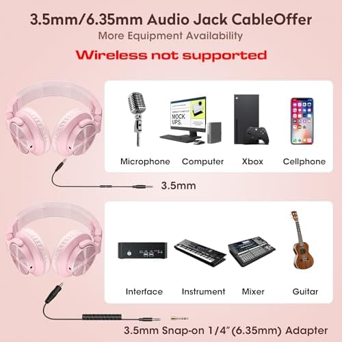 PUPGSIS Wired Hi-Res Studio Monitor Headphones - 50mm Drivers Over-Ear with 1/4 to 3.5mm Jack, for AMP Recording, Mixing, DJ, Gaming & Music Production(Pink) - Thumbnail 4