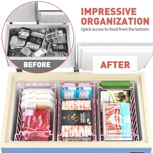 Goovilla Freezer Organizer Bins with Foldable Handle, 4 Pack Stackable Freezer Baskets for 3.5-7 Cu.FT Deep Chest Freezer Organization, Pink Metal Freezer Storage Bins with Better Space Utilization - Thumbnail 4