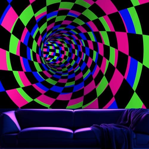 Atrippy Black Light 3D Posters Wall Tapestry for Bedroom, UV Reactive Checkered Tunnel Decor,Blacklight Upright Backdrop Wall Hanging for Gaming Dorm Living Room 51"x60" - Image 1