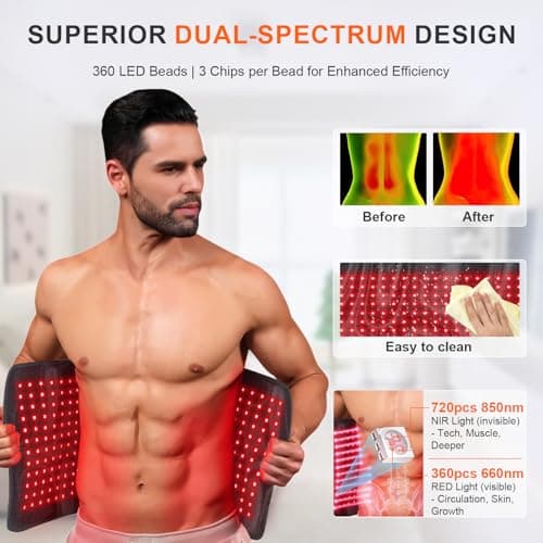 Red Light Therapy Mat for Body, 60W 31.5" x 11.8" 660nm & 850nm 360 LEDs Home Infrared Light Therapy Pad Blanket with Smart Temp & Timer for Back Belly Shoulder Muscle Pain Relief - Thumbnail 6