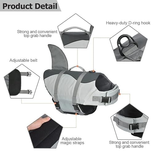 Dog Shark Life Jacket, Dog Life Vest for Swimming Adjustable Pet Life Preserver with Rescue Handle - Thumbnail 3