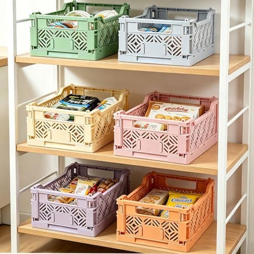 6 Pack Small Pastel Plastic Storage Baskets,Mini Collapsible Storage Bins for Desk Drawer Organizer,Colorful Folding Crates for Craft Supplies,Space Saving Containers for Home Office Dorm(8.6×5.8×3.5) - Thumbnail 6