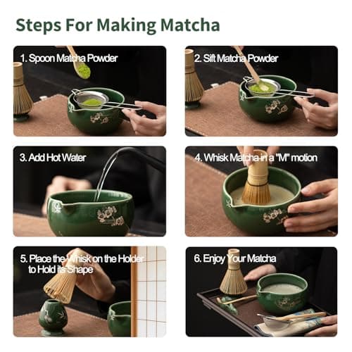 Matcha Whisk Set, 8 PCS Matcha Kit with Ceramic Matcha Bowl, Bamboo Whisk & Holder, Scoop, Spoon, Sifter and Tea Towel, Japanese Matcha Tea Set for Beginners, Tea Lovers & Gifts, Green - Thumbnail 6