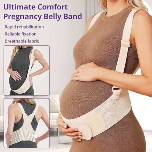 Maternity Belly Band with Back Support – Over-the-Shoulder Pregnancy Support Belt with Lumbar Support, Breathable Mesh Design, Strong Adjustable Hook & Loop Straps, No Digging Comfort for All-Day Wear (Beige, X-Large（187LB+）) - Thumbnail 2