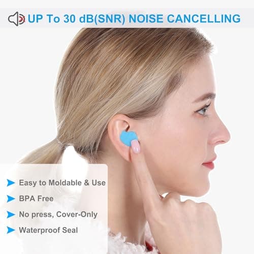 Ear Plugs for Sleeping, 20 Moldable Noise Cancelling Silicone Earplugs for Swimming, Snoring, Sleep and Studying, Blue - Thumbnail 4