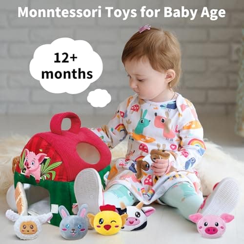 Elfew Farm Animal Baby Toys 6-12 Months, with 6 Small Plush Stuffed Farm Animals(Squeeze & Shake), Soft Toy for Toddlers, Montessori Toys for Babies 6-12 Months, Baby Easter Basket Stuffers - Thumbnail 5