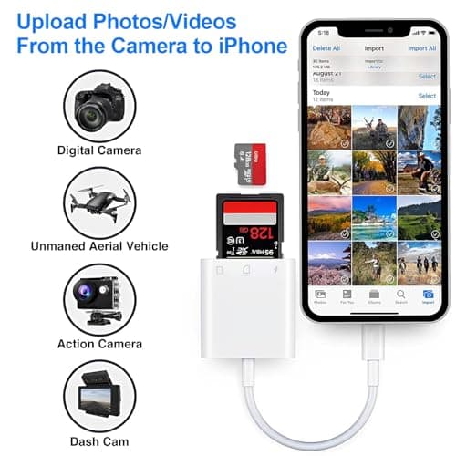 Denlane SD Card Reader for iPhone iPad with Lightning Port, SD & Micro SD Dual Slots Memory Card Reader for Digital Trail Camera Card Adapter SD Card Viewer, Simultaneous Charging and Reading - Thumbnail 3