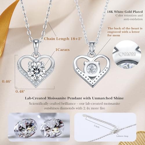 JACUPO Moissanite Necklace for Women 1CT Heart Brilliant Heart Pendant Necklace D Color VVS1 S925 Sterling Silver Jewelry 18K White Gold Plated for Love Friend Mother’s Day Christmas Anniversary Birthday Gift for Wife Her Convey I Love You Message 18inch(for Mom) - Thumbnail 3