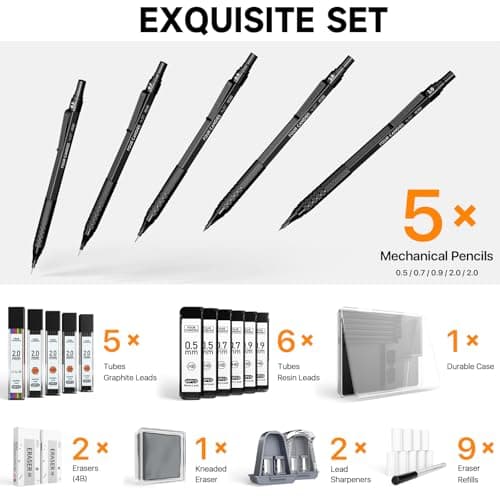 Four Candies Metal Mechanical Pencil Set, 3PCS Art Drafting Pencils 0.5, 0.7, 0.9MM & 2PCS 2MM Mechanical Drawing Pencils with 420PCS Leads (4B 2B HB 2H Color) for Writing Sketching Drawing (Black) - Thumbnail 5
