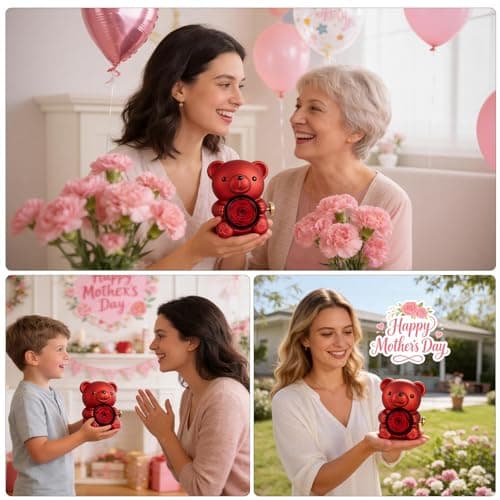 mountova Romantic Teddy Bear with Preserved Rose, Real Rose in Elegant Gift Box with Necklace for Women, Bear Roses Gifts for Mother's Day,Weddings,Valentine's Day,Anniversary,Birthday, Red - Thumbnail 5
