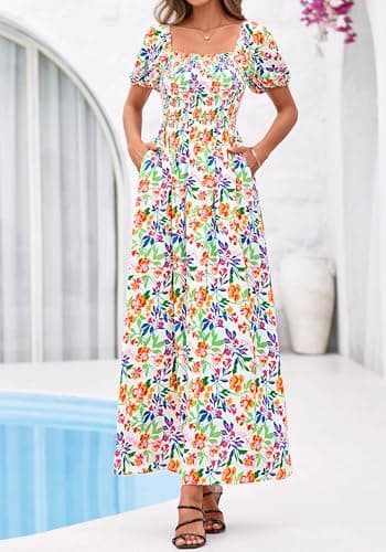 BTFBM Spring Summer Dresses for Women 2026 Puff Short Sleeve Smocked Floral Print Boho Beach Wedding Guest Maxi Dress(Floral Light Green Multi, Small) - Thumbnail 6