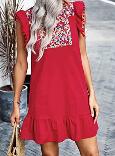 KIRUNDO Women's 2026 Summer Mini Dress Spring Casual V Neck Floral Embroidered Ruffle Sleeveless Shift Flowy Boho Dress (B-Red, Small) - Thumbnail 3