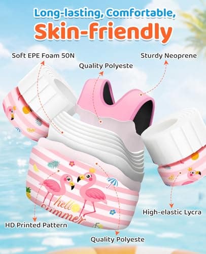 HeySplash Swim Vest for Kids, Toddler Pool Floaties Fit 33-66 Lbs, Children Swimming Vest with Adjustable Strap, Swim Jacket Water Wing Arm Float, Puddle Beach Boat Jumper Boy, White Pink Flamingo - Thumbnail 5