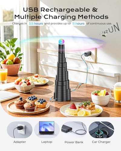 VEUIEIZT Fly Fans for Tables, Type-C Rechargeable Fly Fan, Tabletop Bug Fans with Colorful Light, Foldable Fly Spinner with Soft Holographic Blades for Picnic, Restaurant, Party, Home, BBQ (4 Pack) - Thumbnail 2
