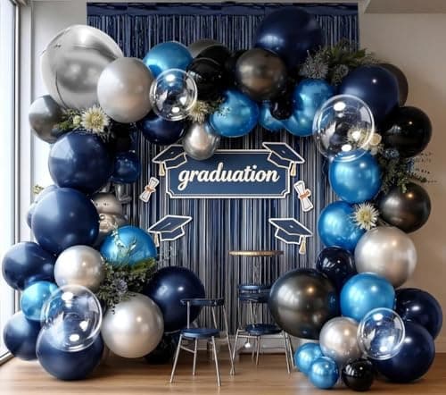 Navy Blue Black Balloon Arch Double Stuffed Black Blue Silver Metallic Balloon Garland for Graduation Class of 2026 Baby Shower Birthday Anniversary Wedding Father's Day Party Decor - Thumbnail 2
