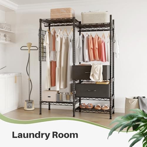 HOKEEPER Clothes Rack Heavy Duty Clothing Rack for Hanging Clothes Loads 1200LBS, Portable Closets Adjustable Garment Rack with Detachable Drawers, Side Mesh Board and Hooks 46.3"Wx16.9"Dx76.2"H Black - Thumbnail 2