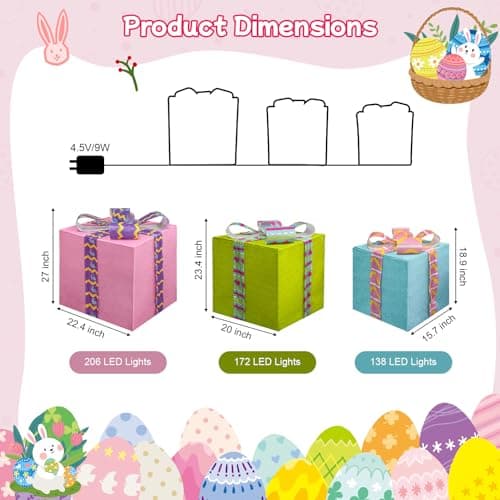 Large Lighted Easter Gift Boxes Decorations, 27" Pink 23" Green 19" Blue 516 Warm White LED Easter Present Boxes with Cute Bows, 3PCS Light Up Box Decor for Spring Party Indoor Outdoor Home Holiday - Thumbnail 4